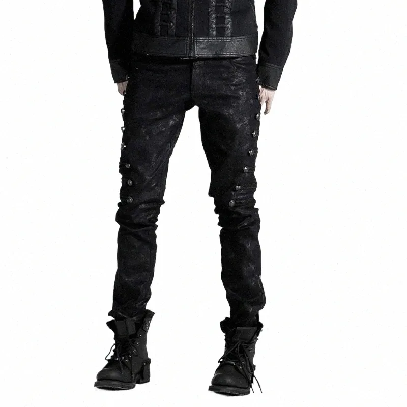 Punk RAVE Style Uniforme Hommes Steampunk Street Beau Pantalon Élastique Droit Fi Noir Rivet Hommes Pantalon Crayon P2LZ #