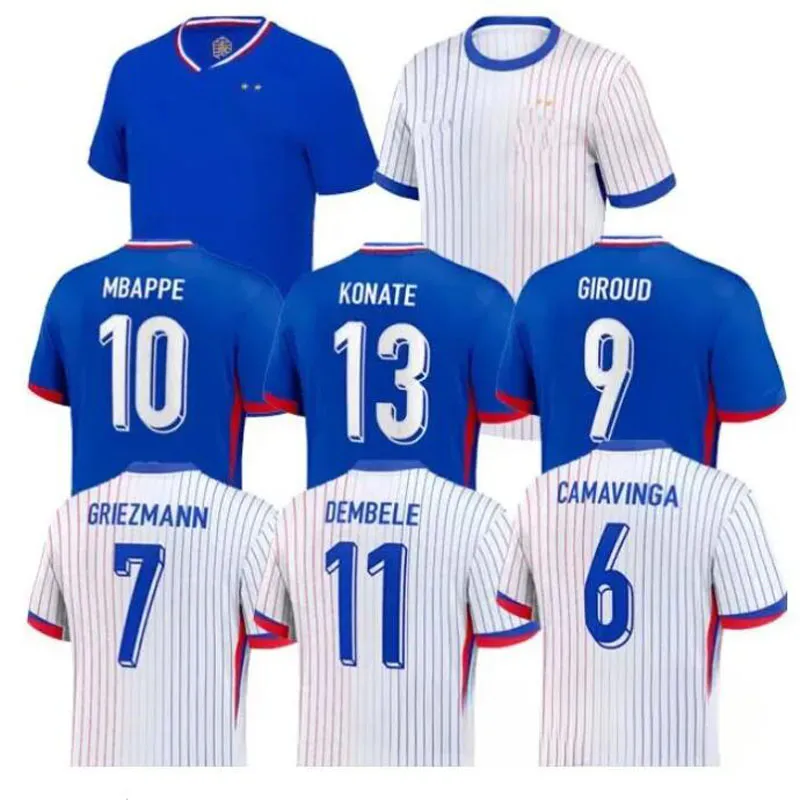 Maillots de Football Soccer Jerseys 프랑스 벤제마 Mbappe Griezmann Pogba 2024 Francia 남자 아이들 Kimpembe Fekir Maillot 여자 셔츠 Hommes Jersys