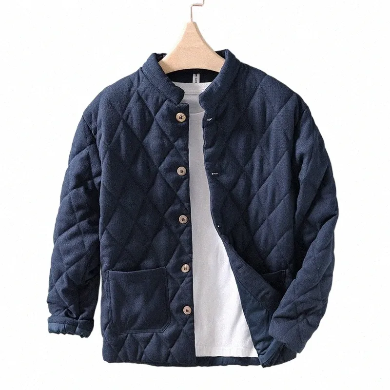 Style japonais col montant veste rembourrée chaude pour hommes Vintage solide lâche polyvalent veste ouatée tendance vêtements d'extérieur pour hommes k56W #