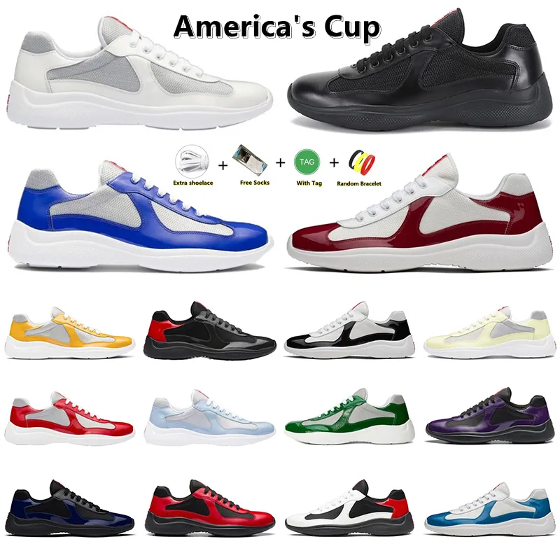 Löpskor män kvinnor America's cup xl designer läder sneakers hög kvalitet patent läder platt tränare vit svart mesh snörning utomhus löpare sportskor