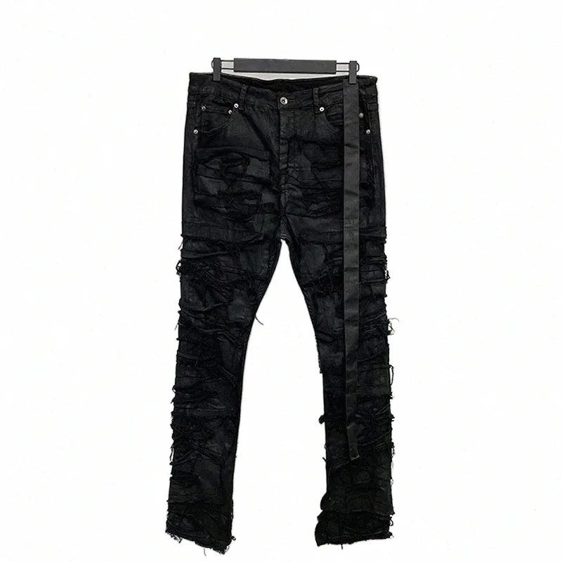 IEFB NYA Darkwear Men Coated Jeans Multi Thread Decorati Wax Brushing Cloth Elastic High Street 2023 Manliga byxor 9A4318 44FD#