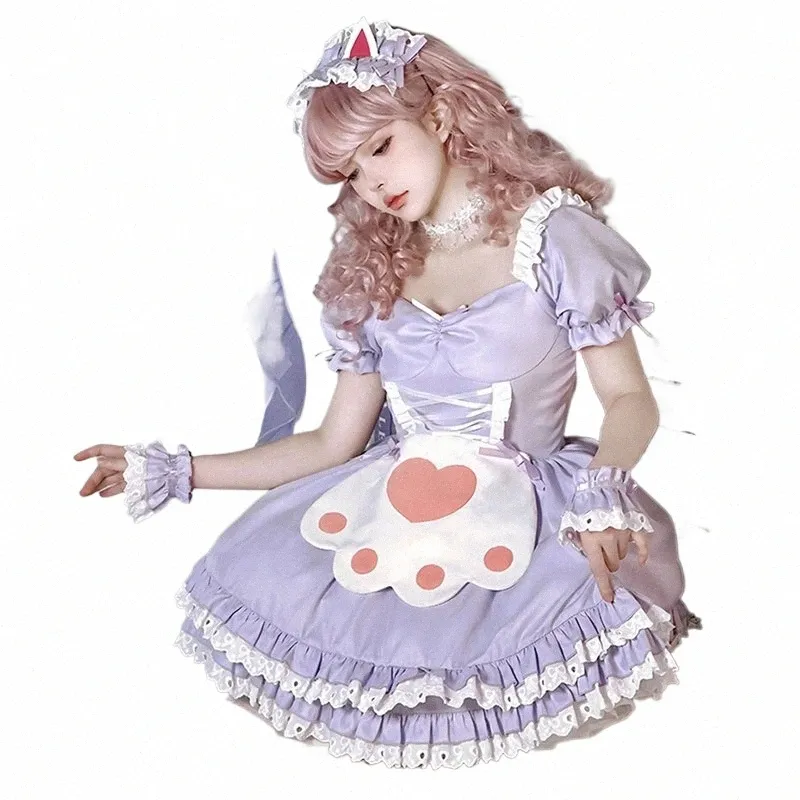 Gothic Lolita Dr manica corta Kawaii Maid Party Dres Cosplay Cats Girl Harajuku Cute Uniform r4eN #