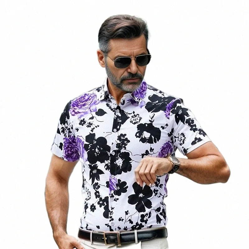 7XL Herren Kleidung Lila Sommer Fr Hawaiian Dr Für Stout Fiable Strand Tragen Gedruckt Bluse Große Größe Mann Shirts S15L #