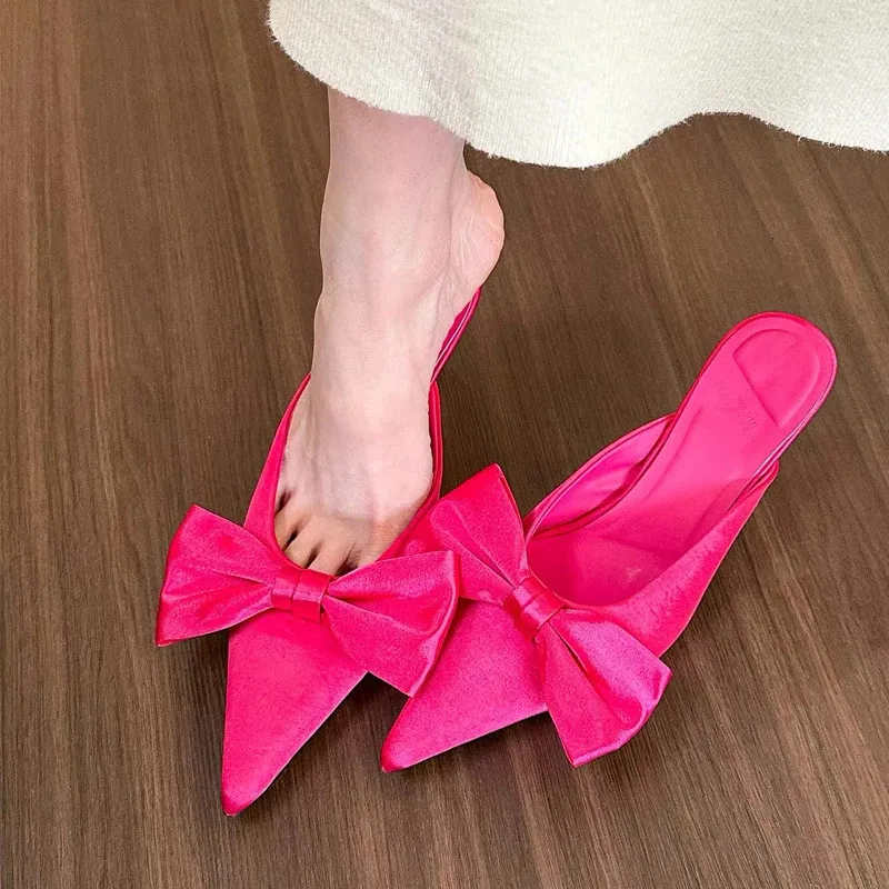 Luksusowy satynowy jedwabny muł slajdy kobieta róża różowa bownot stiletto kapci lady punktowe palce na wysokim obcasie wieczorne imprezy buty 240320