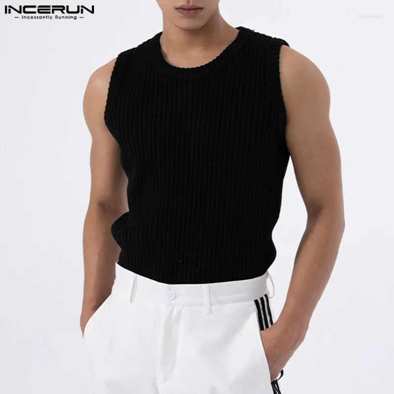 Männer Tank Tops INCERUN 2024 Koreanische Stil Herren Gestreifte Mehrfarbige Gestrickte Oansatz Ärmellose Westen Freizeit Einfache All-match S-5XL