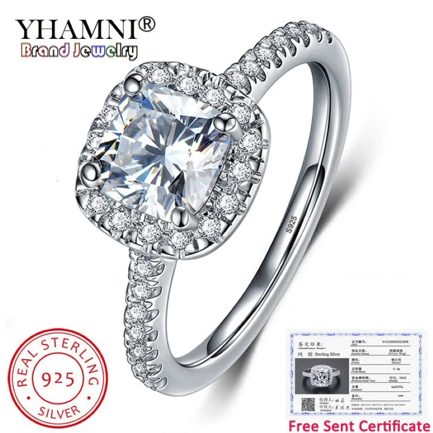 Yhamni envoyé certificat luxe 10 %% original 925 argent 8 8 mm 2 carat carré cristal zirconia alneries de mariage en diamant pour les femmes 2815