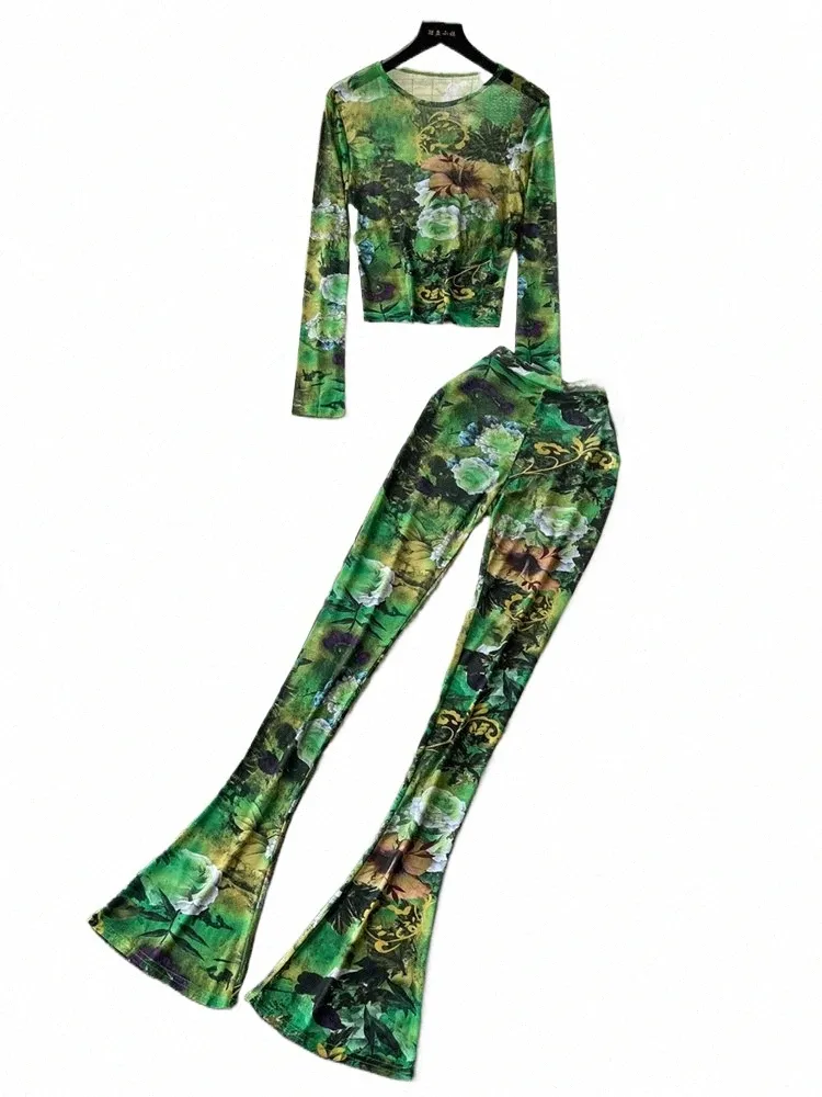 singreiny Transparent Print Women Suits O Neck Lg Sleeve Top+Flare Pants 2023 Streetwear American Vintage Slim Two Pieces Sets L2vM#