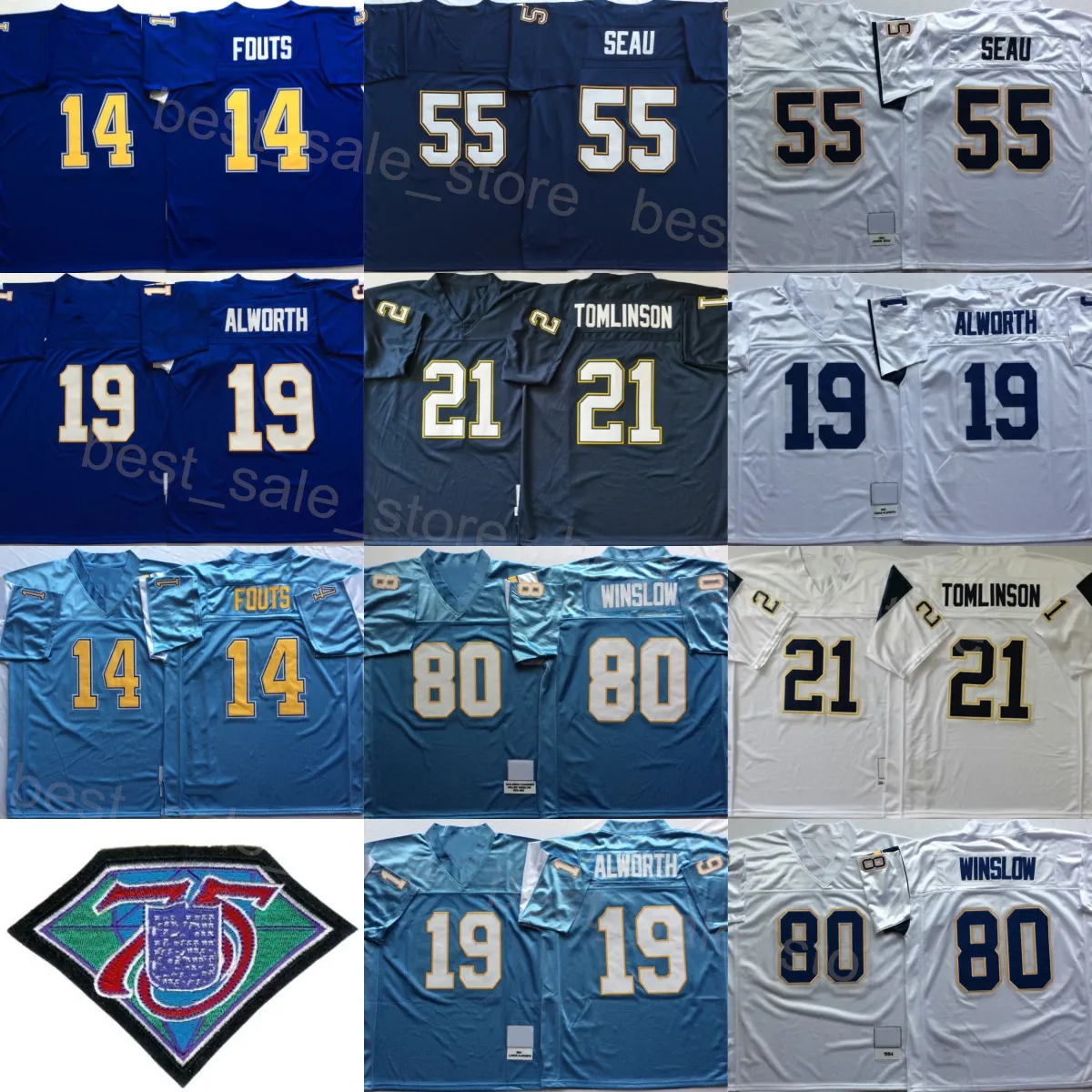 Throwback Football 14 Dan Fouts Jersey 75th Anniversary Vintage 55 Junior Seau 19 Lance Alworth 80 Kellen Winslow 21 LaDainian Tomlinson 1987 1984 Retro Uniform