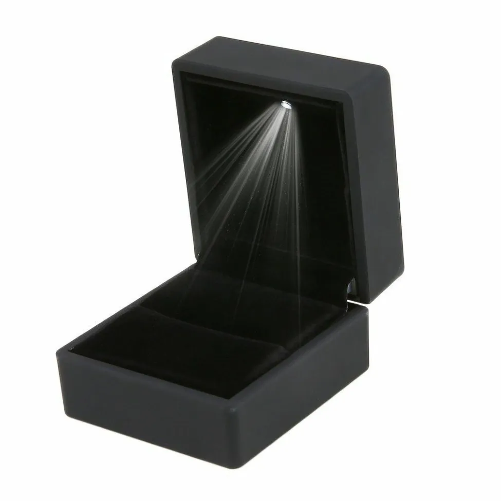 Boîte-cadeau éclairée par LED, boucles d'oreilles, bagues de mariage, présentoir de bijoux noirs, emballage Lights192O