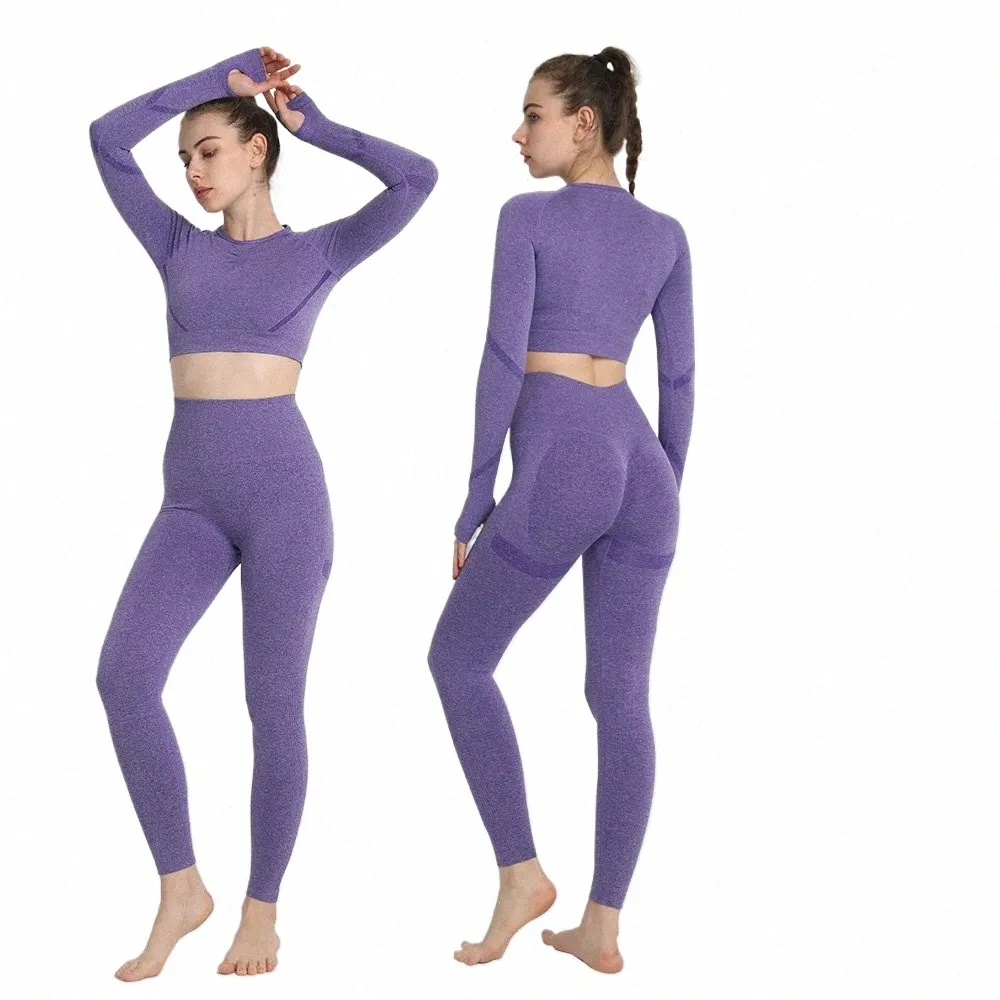 2 pezzi Seaml Push Up Sport Tuta da palestra per le donne Slim Crop Top Scrunch Leggings Sportswear Fitn Set Yoga Workout Clothes n8Jo #