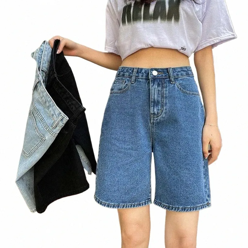 Style coréen classique Denim Shorts femmes été bleu taille haute Shorts pantalons larges Streetwear Jeans droits femmes Shorts 04jo #