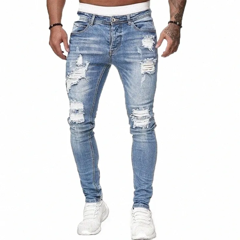 Fable Men's Jeans Hip Hop Ripped Slim Stretch Pants Spring and Fall Pants Club Pojkvän Högkvalitativ jeans S-3XL Classic B5T2#