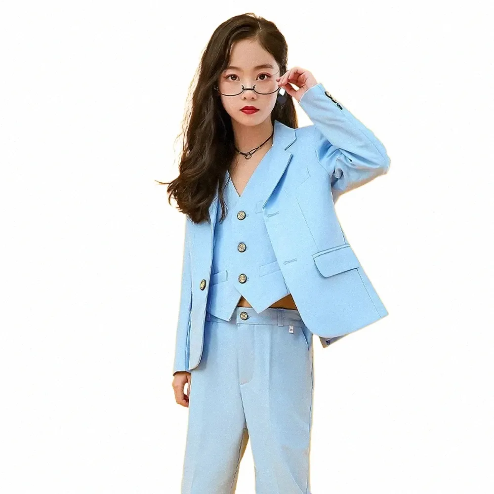 Nouveau costume Fi pour les filles solides formelles 3 pièces fête de mariage occasionnel smoking mince de haute qualité costume enfant blazer + gilet + pantalon c64q #