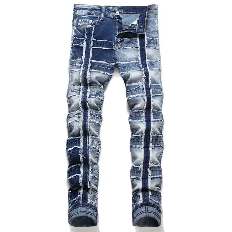 Herr jeans punk stil blå lapptäcke jeans mode neutral smal passform avslappnad hip-hop cykelpennor j240328