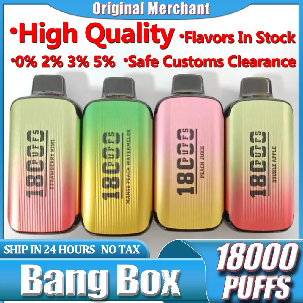 Original Bang Box Puff 18000 E Cigarros Kit Elf Box 18K Puffs Descartáveis ​​Vape Pen Malha Bobina Recarregável 850mAh Bateria Vapers 0% 2% 3% 5% 12 Cores Vaporizadores DUAL MALHA