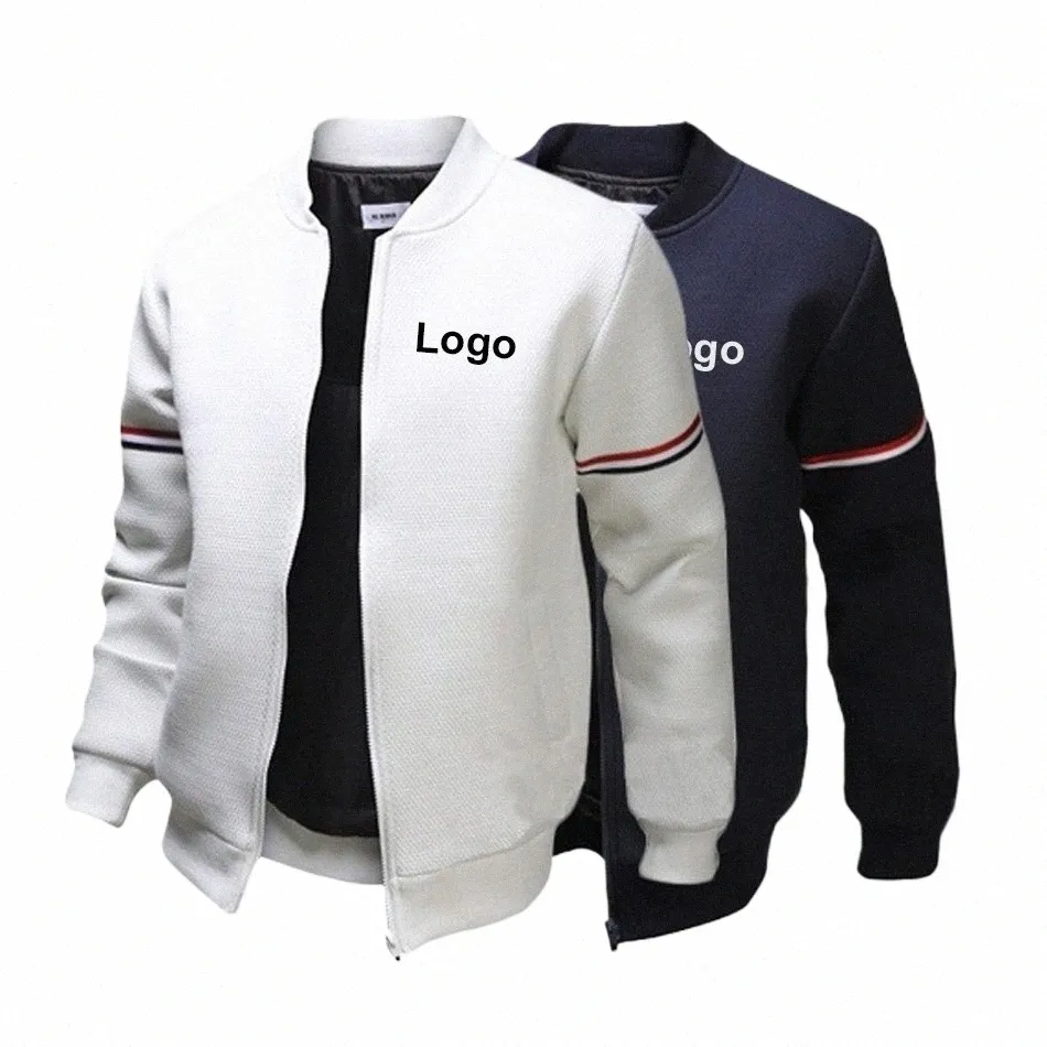 Personnalisé Votre Marque Logo Hommes Veste Automne Lg Manches Slim Fit Casual Sport Zip Extérieur Tops Manteau Noir Blanc Bleu Marine Vêtements d4QH #