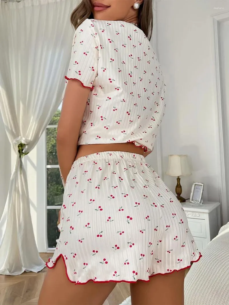 Hemkläder kvinnor mjuka 2 bit pyjama set cherry tryck söt frill kort ärm toppar elastiska midja kläder hemkläder loungewear