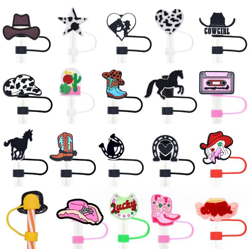 Custom straw cover Charms reusable silicone Cowboy Cowgirl straw cover cap Wholesale drinking straw tip cover suitable for 9-10mm