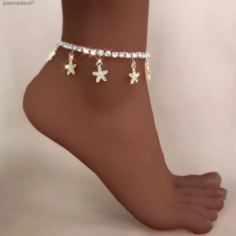 Cavigliere Trend New Iced Out Strass Fiori Caviglia Bling Cristallo Tennis Catena Bracciale alla caviglia Summer Beach Gioielli a piedi nudiL2403