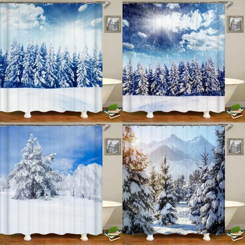 Douchegordijnen Waterdicht Gordijn Boslandschap Badkamer Home Decor Sneeuwscène Ceder Gedrukt Polyester Stof Voor