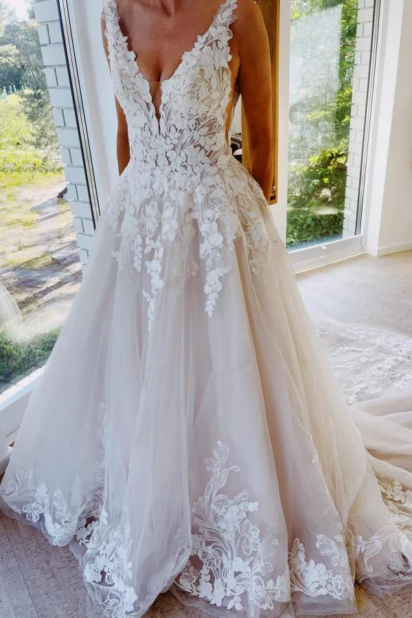 Boho v Neck Lace A Line Wedding Dresses Soft Nudy Tulle Tulle Applique Trainlible Court Plus Plus Beach Wedding Bridal Bridals BC14398 0328