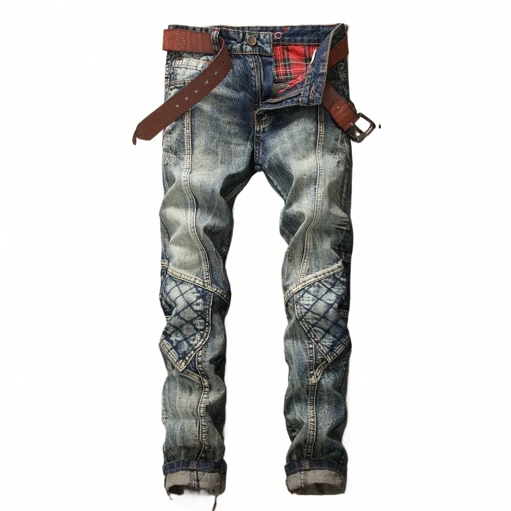 Nouveau Moto Hommes Jeans Patchwork Rétro Pantalon Harajuku Biker Slim Classique Denim Persality Design Pantalon 29-38 Dropship m90j #