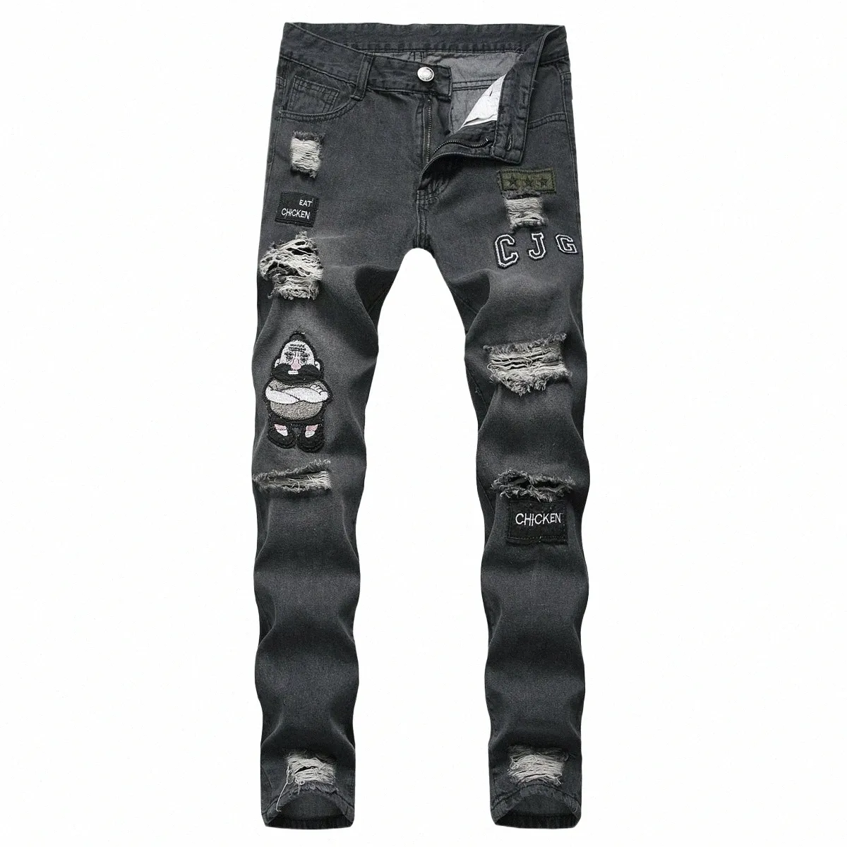 2020 New Men Stretchy Ripped Skinny Biker Embroidery Print Jeans Destroyed Hole Taped Slim Fit Denim Scratched High Quality Jean Q87b#