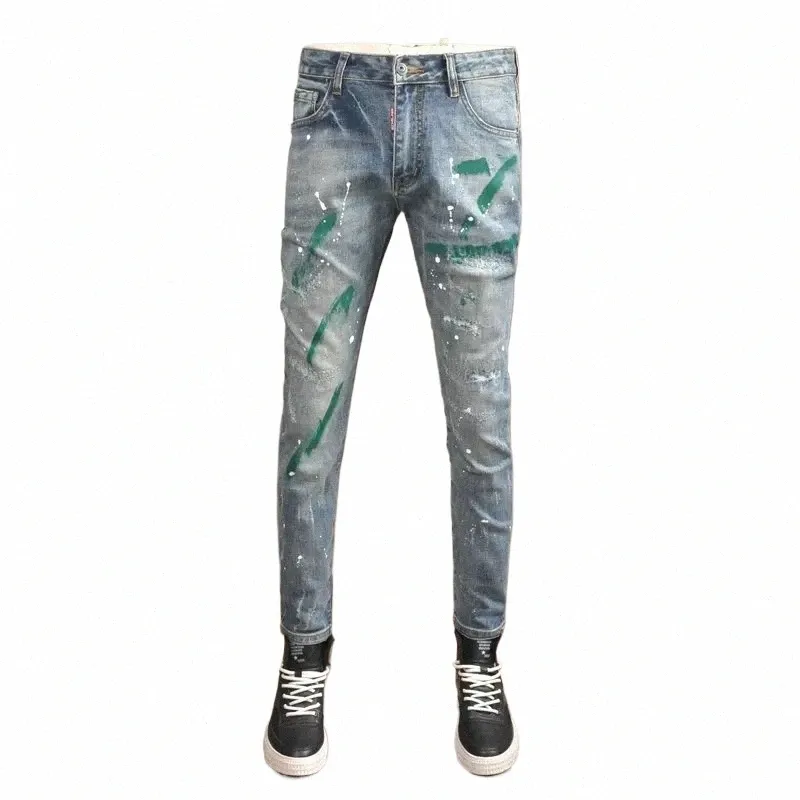 Fi Streetwear hommes jean rétro bleu élastique coupe ajustée déchiré jean hommes Vintage pantalon peint concepteur Hip Hop pantalon Hombre Y908 #