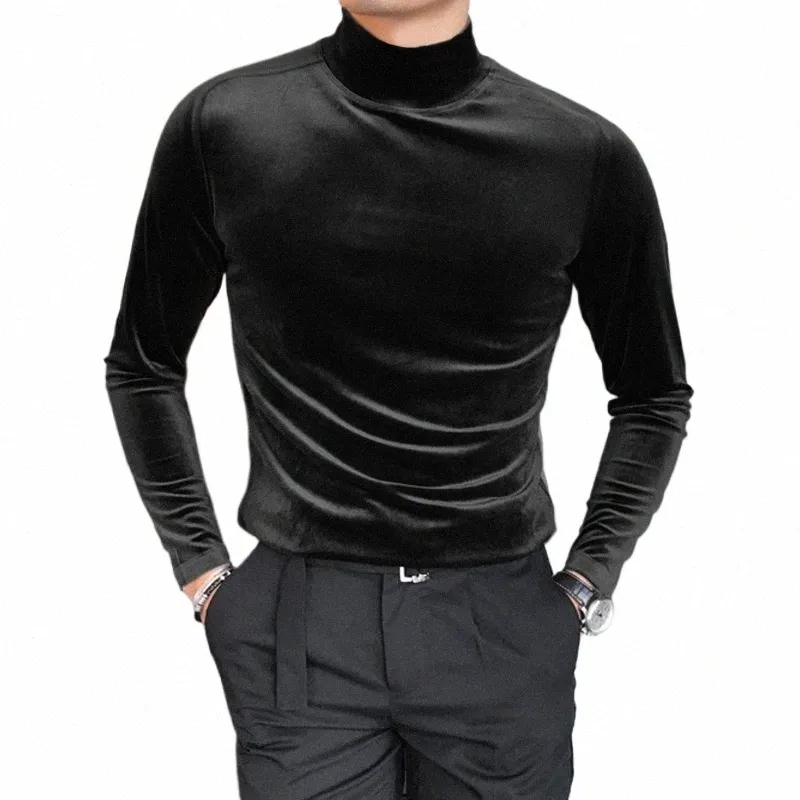 Incerun 2024 Hombres Camiseta Velour Cuello alto LG Manga Ocio Camiseta Color Sólido Streetwear Fi Casual Tee Tops S-5XL x07g #