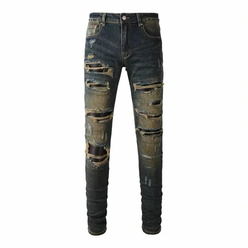 Street Fi Hommes Jeans Rétro Mer Noir Bleu Stretch Skinny Ripped Jeans Hommes En Cuir Patché Designer Hip Hop Marque Pantalon n3Cw #