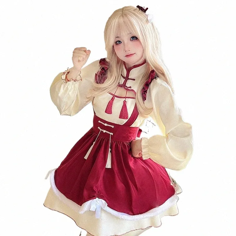 Chińska pokojówka cosplay halen świąteczne Chegsam Dr Women Soft Plush Love Live Cosplay Anime Lolita Party Satge Outfit 2024 T1ra##