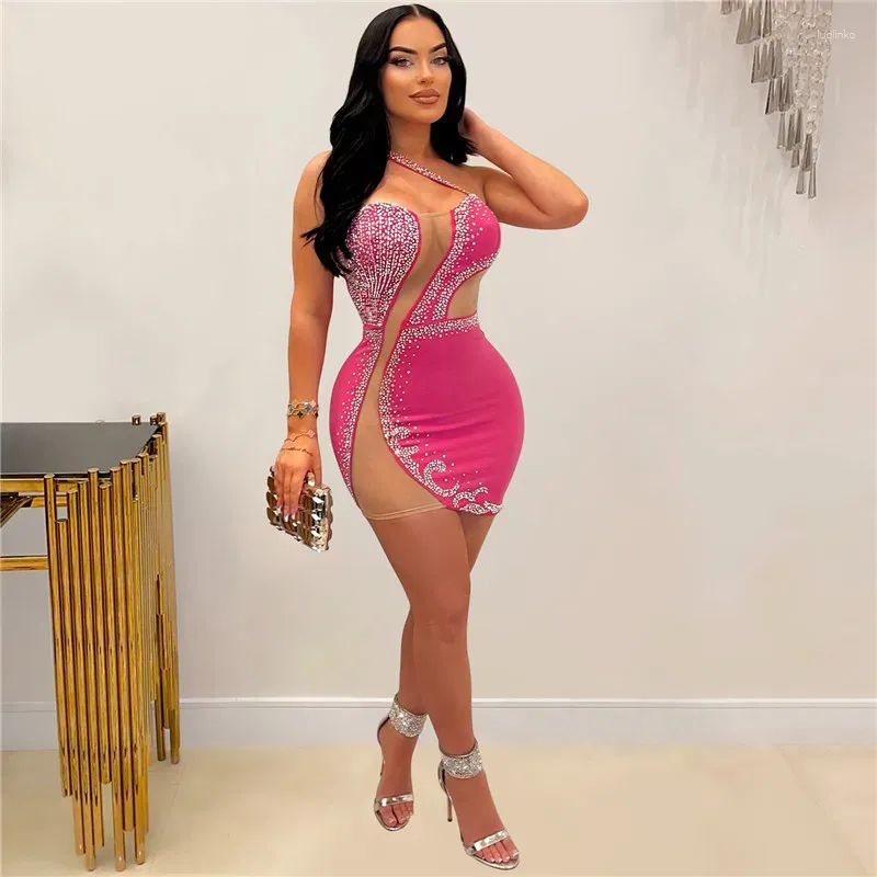 Casual Dresses 2024 One Strap See Through Mesh Patchwork Rhinestone Sexy Party for Women BodyCon Summer Diamonds Night Club Mini Dress