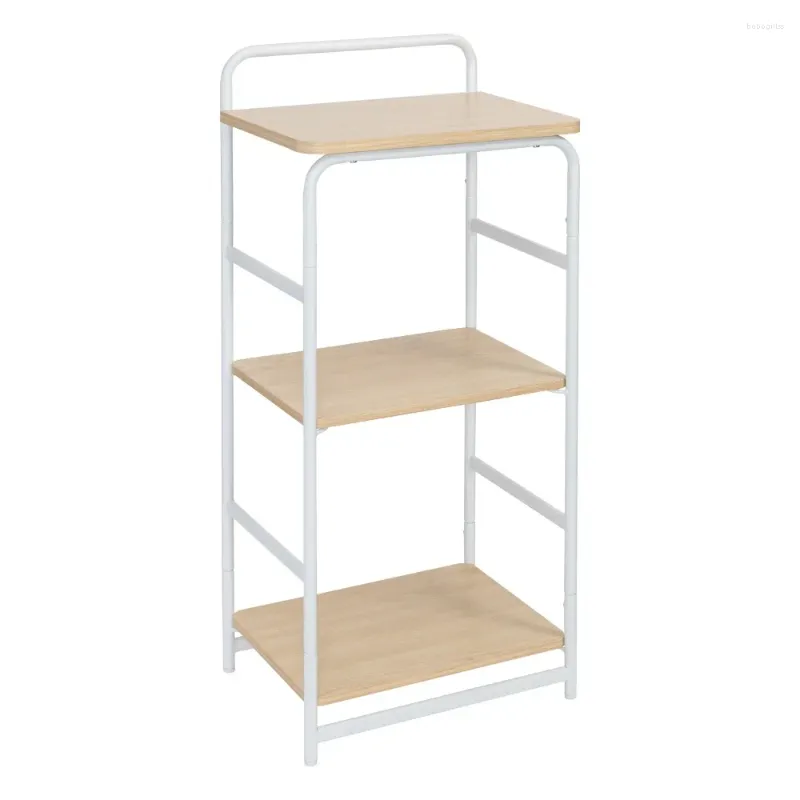 Hooks 3-Tier Wood And Metal Small Shelf White & Natural Living Room Plant Display Rack Filing Cabinet Kitchen Storage Bookshelf