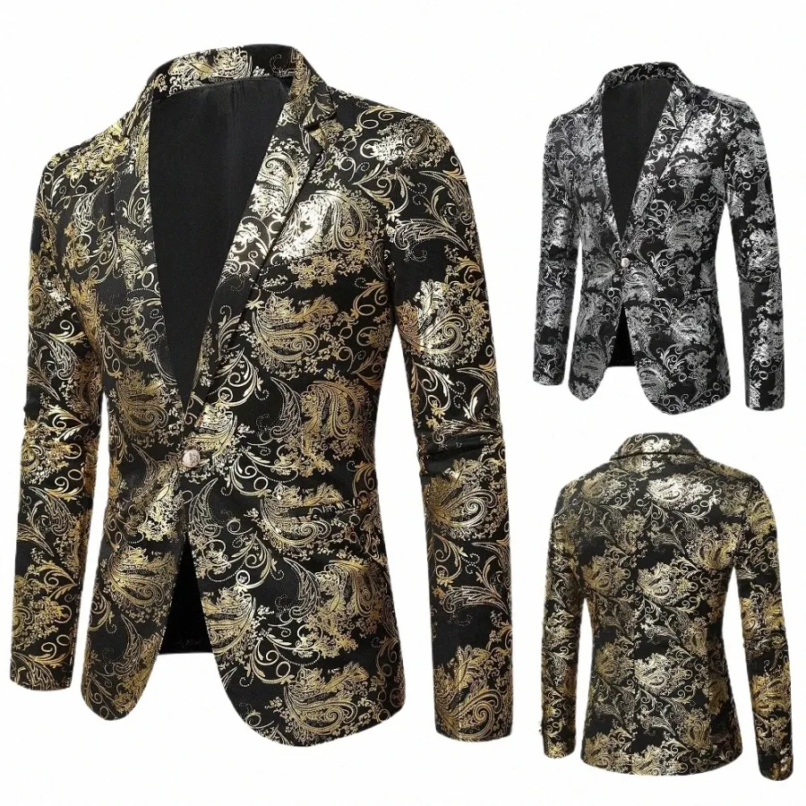 Erkekler Yaldızlı Baskı Blazer Performans Gece Kulübü DJ Şarkıcıları Parlak Blazers LG Slee Sweet Single Butt Floral Suit Ceketler 47SV#