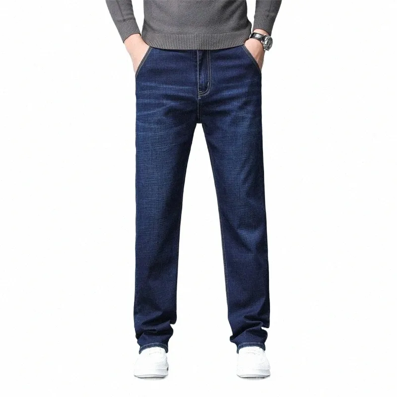 classic Style Midweight Men'sBusin Stretch Regular Fit Jeans Autumn Blue Denim Trousers Male Brand Pants q9R1#