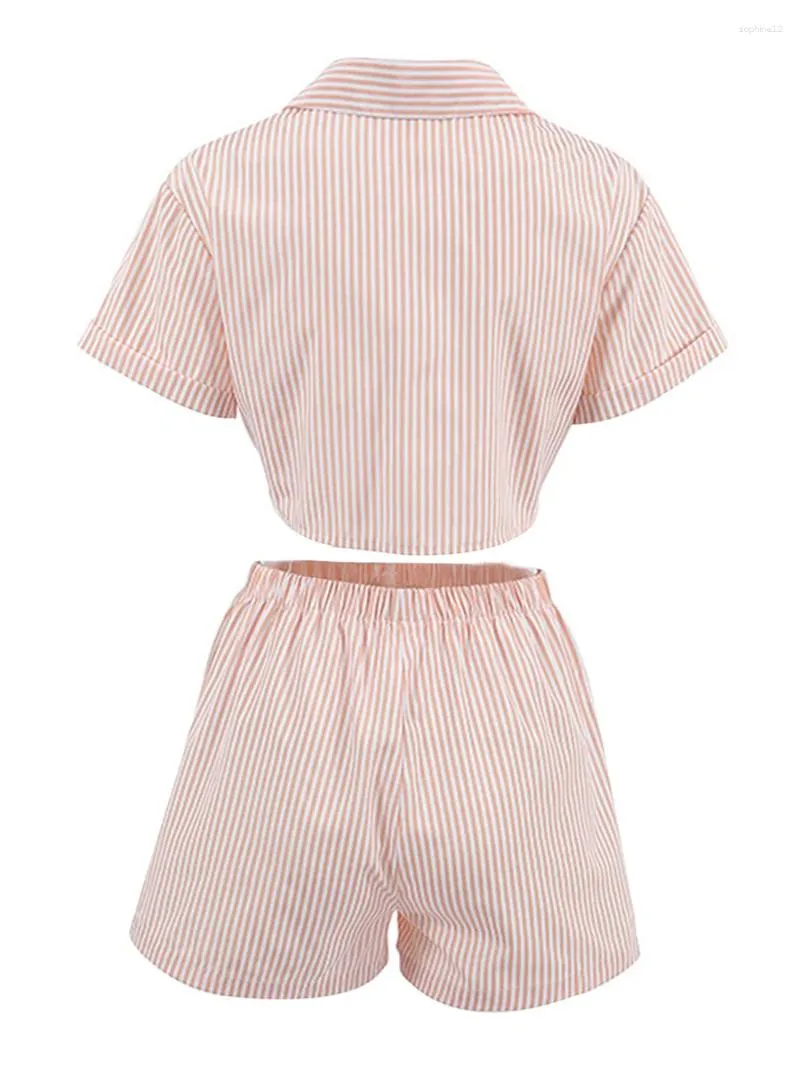 Accueil Vêtements Femmes Pyjamas Ensemble 2 Pièces Loungewear Costumes Rayure Cravate Avant Noeud Chemises À Manches Courtes Crop Tops Et Shorts Tenues De Nuit