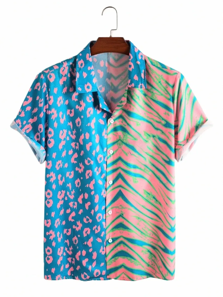 Hommes été léopard zèbre impression chemise hawaïenne Vacati vêtements mâle Fi plage style chemise tenue quotidienne chemise streetwear R1bW #