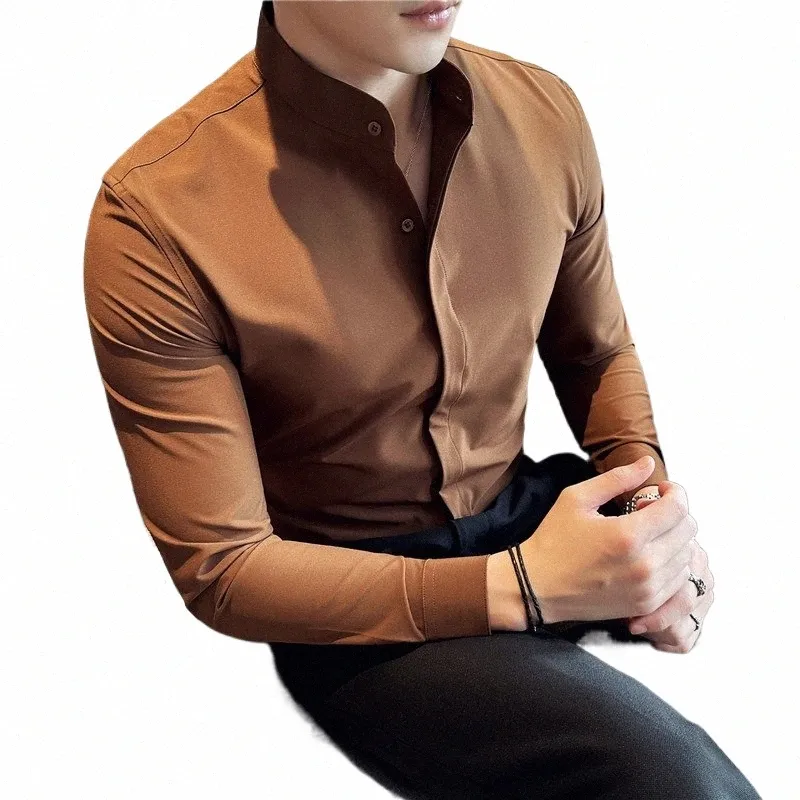 Camisas de hombre stant yakalı lüks gömlek erkekler için kaliteli camisa masculina streç ince fit erkek dr gömlekler resmi kıyafetler b2ik#