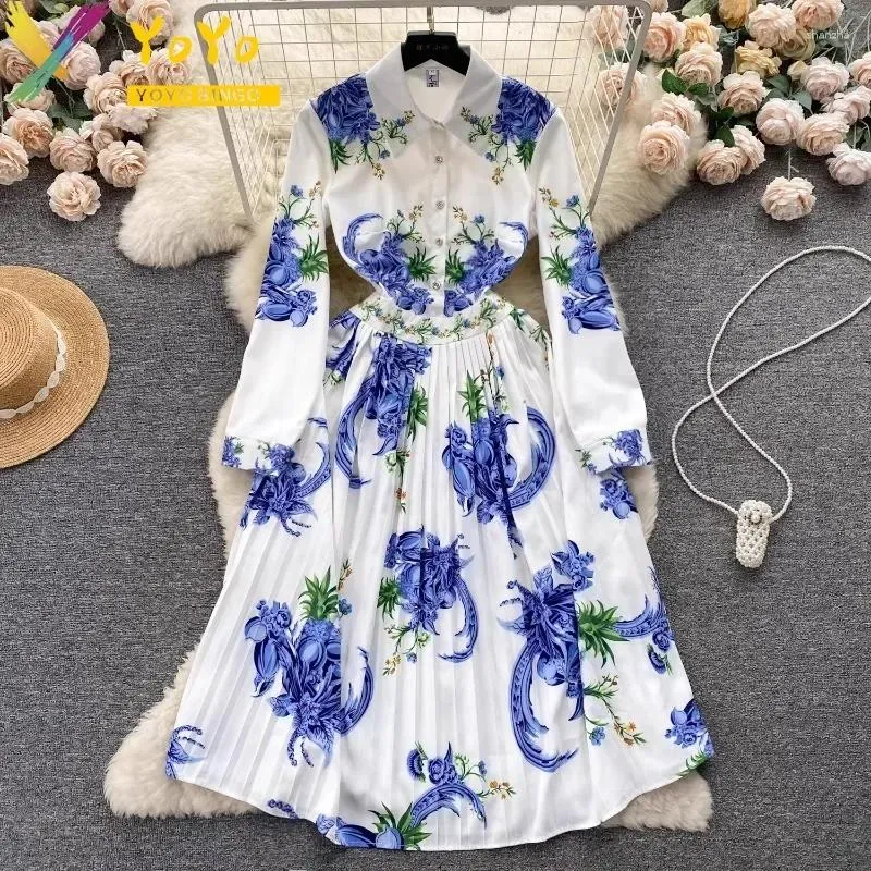 Casual Dresses Elegant White Blue Printed Pleated A-Line Dress Fall/Winter 2024 Women's Fashion European Style Slim Bodycon Party