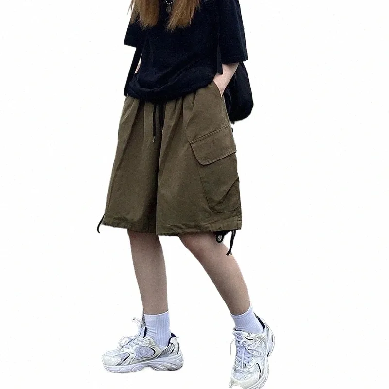 Rimocy Sommer Knielange Cargo-Shorts Frauen 2024 BF Harajuku Breite Bein Shorts Frau Streetwear Taschen Baggy Kurze Hosen Weibliche L8J1 #