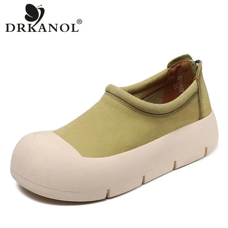 Drkanol Fashion Women Flat Platform Shoes Spring Round Toe Back Zipper本物の牛のレザーアカデミックスタイルカジュアルローファー女性240320