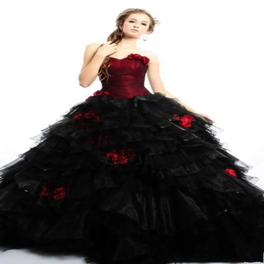 2019 vintage borgonha gótico plus size vestido de baile vestidos de noiva vestidos de noiva sem alças flores preto e vermelho tule halloween part282f