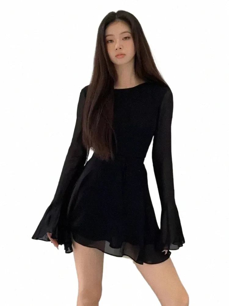 Houzhou backl Black Dr Women Elegant Back Hollow Out Lace-up LG Sleeve Mesh Patchwork Sexy Slim Ruffle Mini Dr Party 55k9#