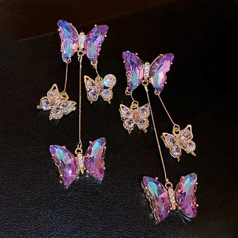 Charm Zircon Butterfly Tassel örhängen för kvinnor Nytt mode lyxigt temperament lila droppörhängen glittrande parti judely y240328