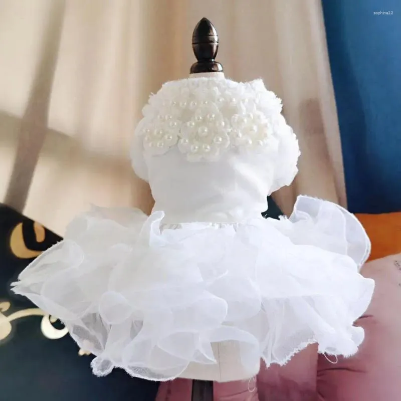 Dog Apparel Dresses Multiple Layers Of Lace Kitten Puppy Skirt Faux Pearl Design Round Neck Pet Princess Dress For Wedding