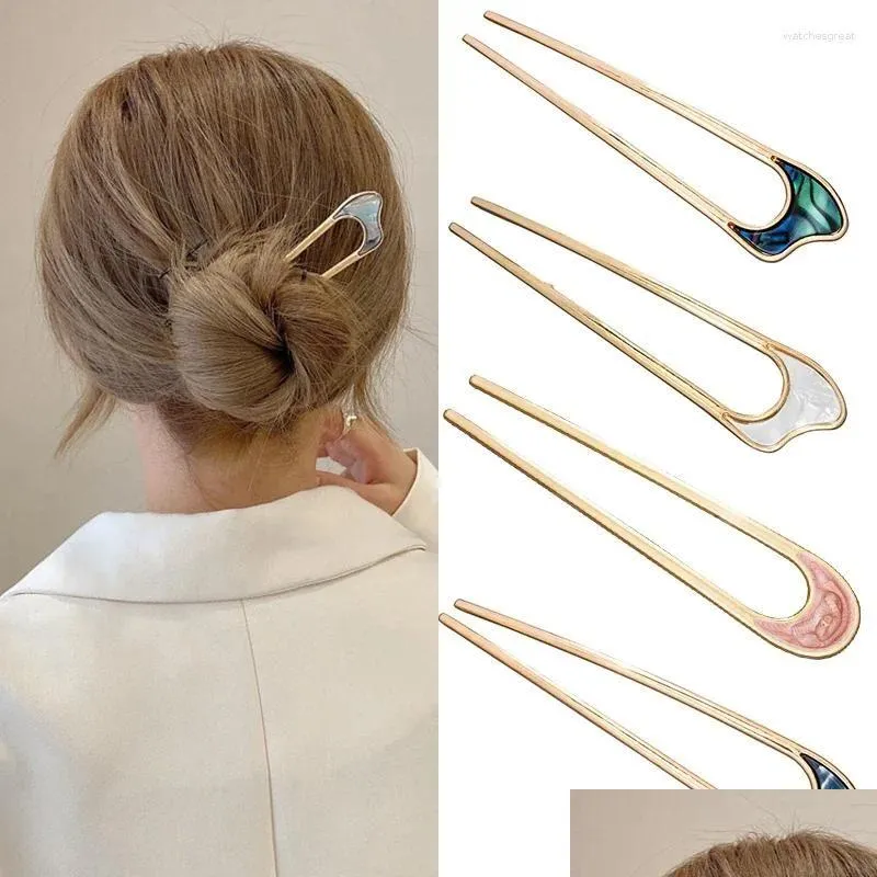 Barrettes à cheveux Barrettes Mode Luxe Sier Couleur Or Élégant Shell Émail Épingle À Cheveux Pour Femmes Bâton En Métal Accessoires De Coiffure Bijoux Dr Ot0Qa