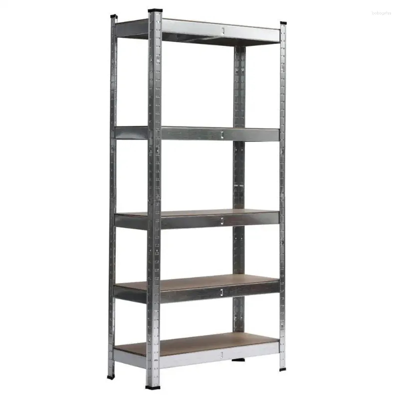 Hooks Heavy Duty 5-Tier Shelf Garage Shelvin Unit Steel Rack Storage Oragnizer Silver