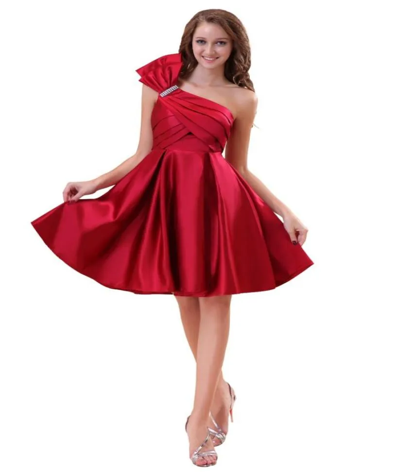 One Shoulder Bow Knee length Satin Dress With Zipper Back Red Short Homecoming Dresses Party Dress Gown5551920