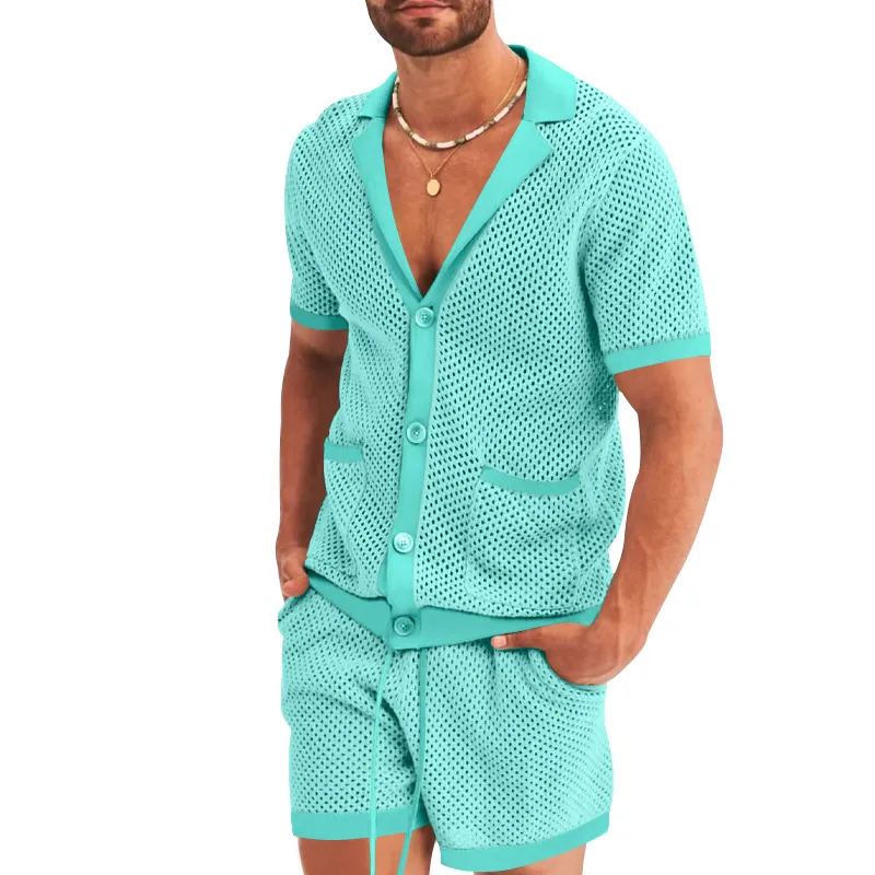2024 verão novo conjunto de shorts de manga curta com pano de buraco masculino casual lapela conjunto fino