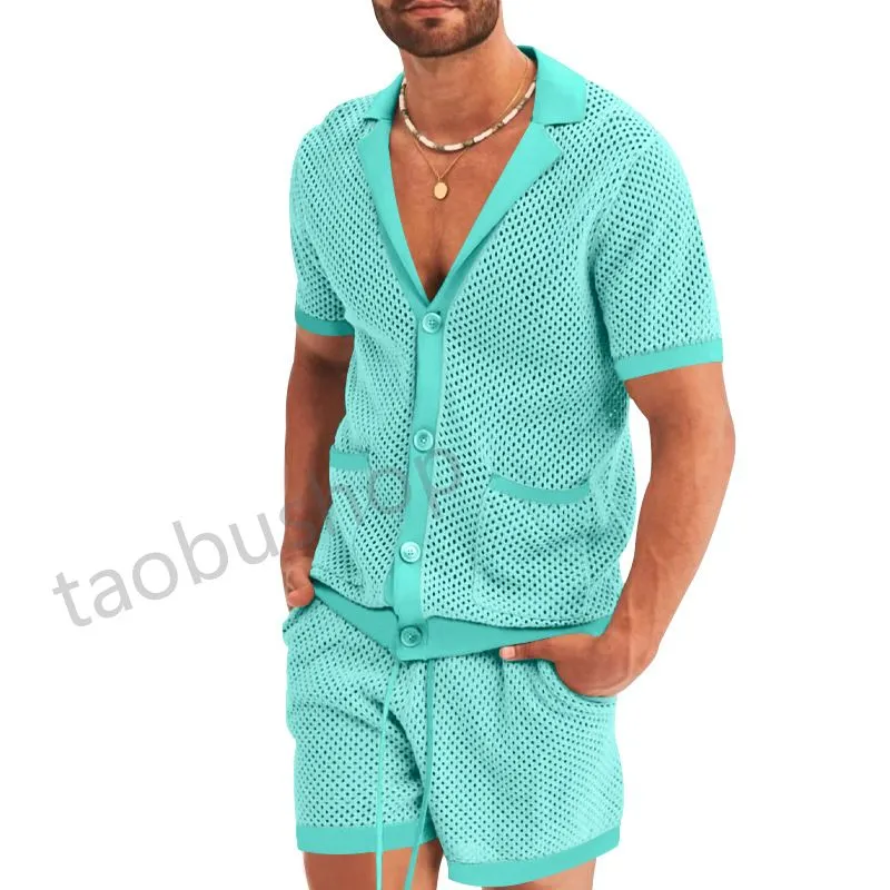 2024 Sommaren Nya korta ärm shorts Set Mäns hålduk Casual Lapel Thin Set Men Summer